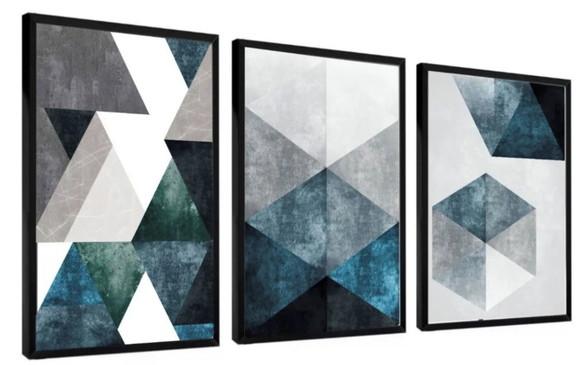 Kit 3 Quadros Decorativos Conjunto Abstrato Geométrico Azul