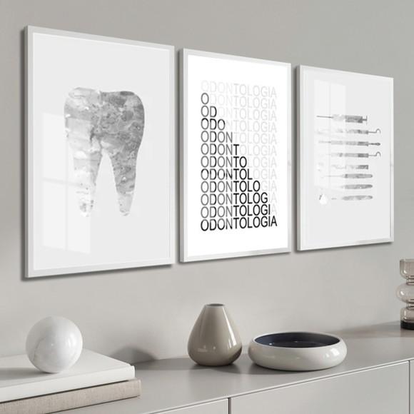 Kit 3 Quadros Decorativos Consultório Dentista Moldura Vidro