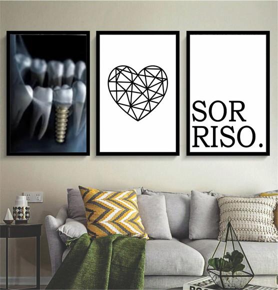 Kit 3 Quadros Decorativos Consultório Dentista Sala Moldura