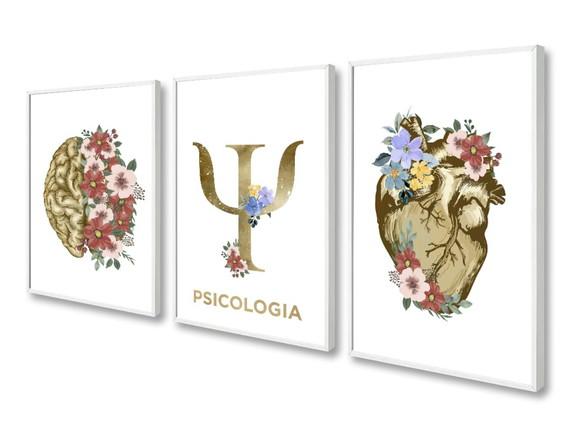 Kit 3 Quadros Decorativos Consultório Psicologia Com Moldura