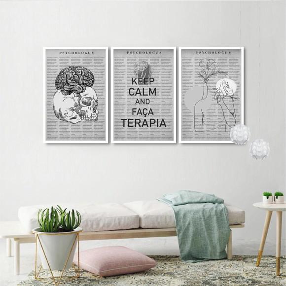 Kit 3 Quadros Decorativos Consultório Psicologia Com Moldura