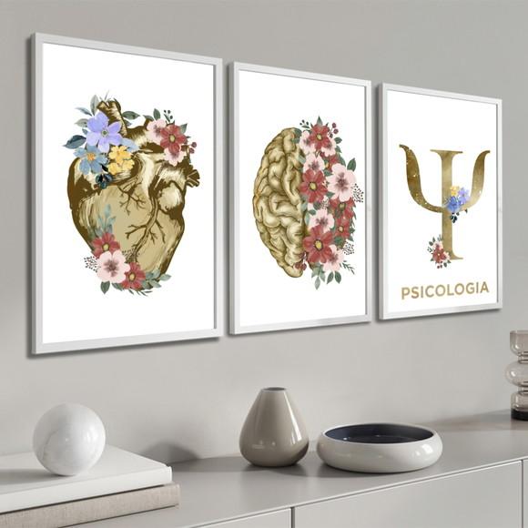 Kit 3 Quadros Decorativos Consultório Psicologia Com Moldura