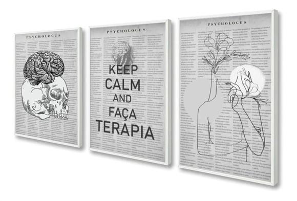 Kit 3 Quadros Decorativos Consultório Psicologia Com Moldura