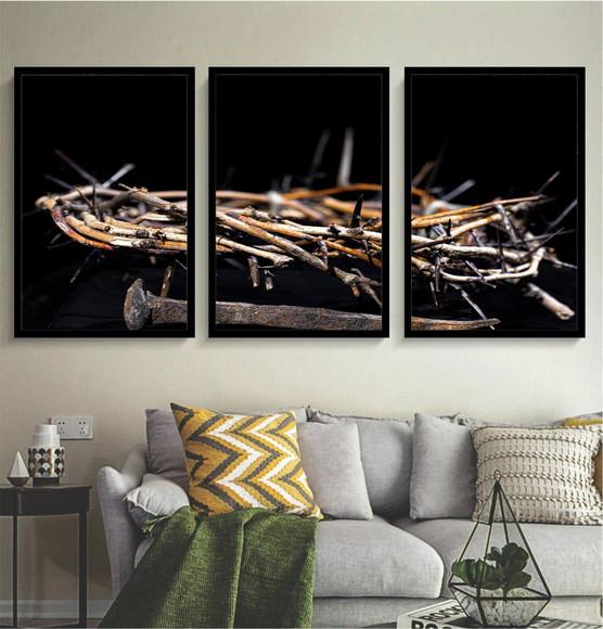 Kit 3 Quadros Decorativos Coroa De Espinho Jesus Com Moldura