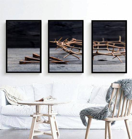 Kit 3 Quadros Decorativos Coroa De Espinho Jesus Com Moldura