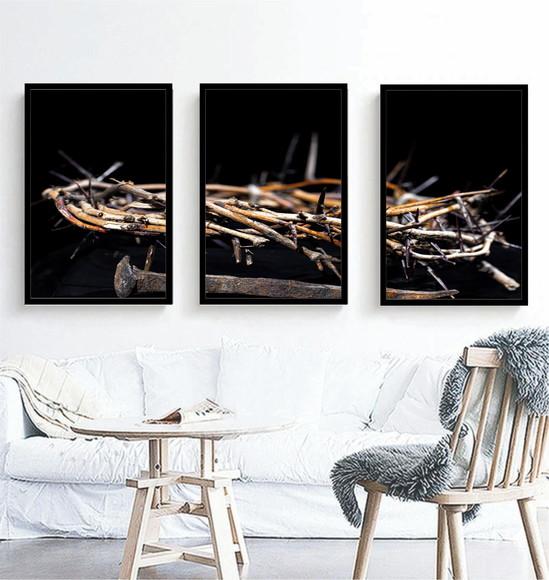 Kit 3 Quadros Decorativos Coroa De Espinho Jesus Com Moldura