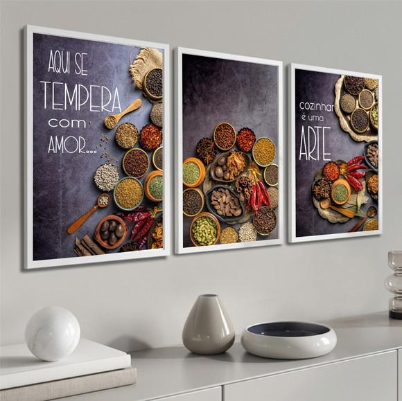 Kit 3 Quadros Decorativos Cozinha Frases Tempero Com Moldura