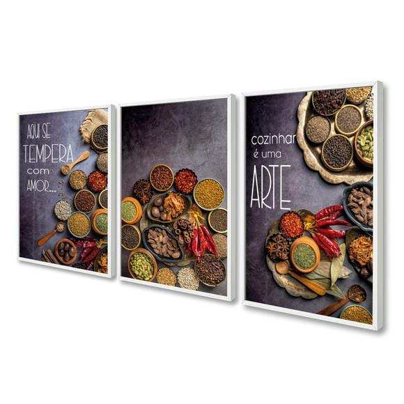 Kit 3 Quadros Decorativos Cozinha Frases Tempero Com Moldura