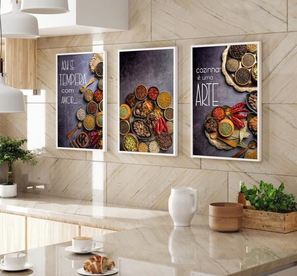 Kit 3 Quadros Decorativos Cozinha Frases Tempero Com Moldura