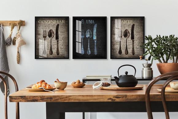 Kit 3 Quadros Decorativos Cozinha Moderna Moldura e Vidro