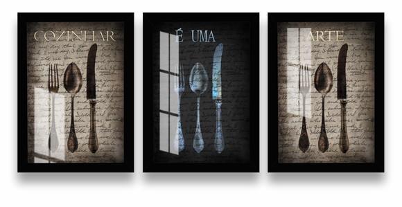 Kit 3 Quadros Decorativos Cozinha Moderna Moldura e Vidro
