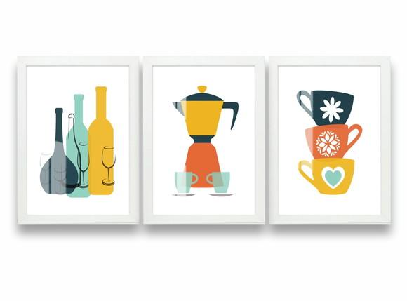 Kit 3 Quadros Decorativos Cozinha Sala Com Moldura e Vidro