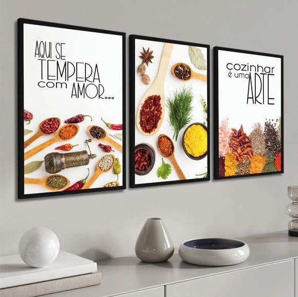 Kit 3 Quadros Decorativos Cozinha Tempero Frases com Moldura