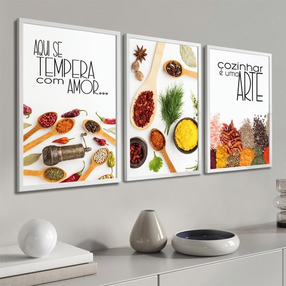 Kit 3 Quadros Decorativos Cozinha Tempero Frases Com Moldura