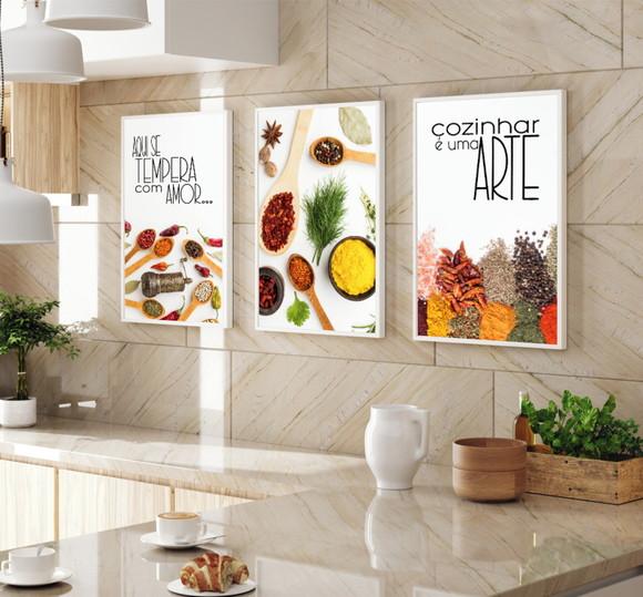 Kit 3 Quadros Decorativos Cozinha Tempero Frases Com Moldura