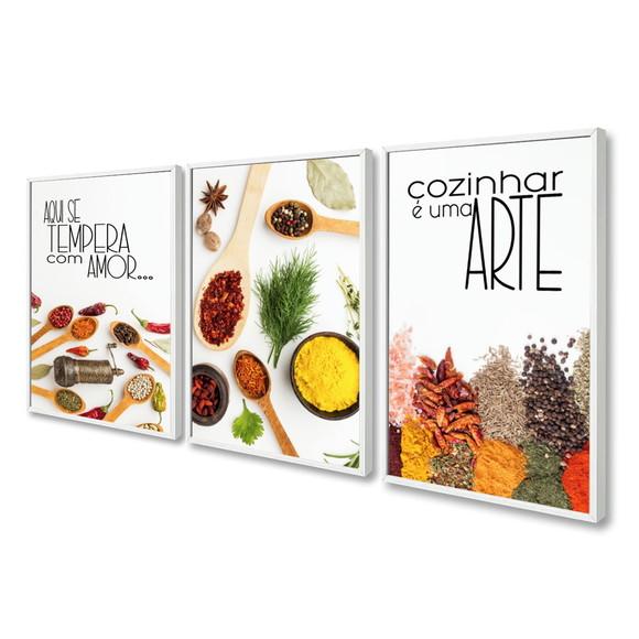 Kit 3 Quadros Decorativos Cozinha Tempero Frases Com Moldura