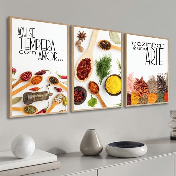 Kit 3 Quadros Decorativos Cozinha Tempero Frases Com Moldura