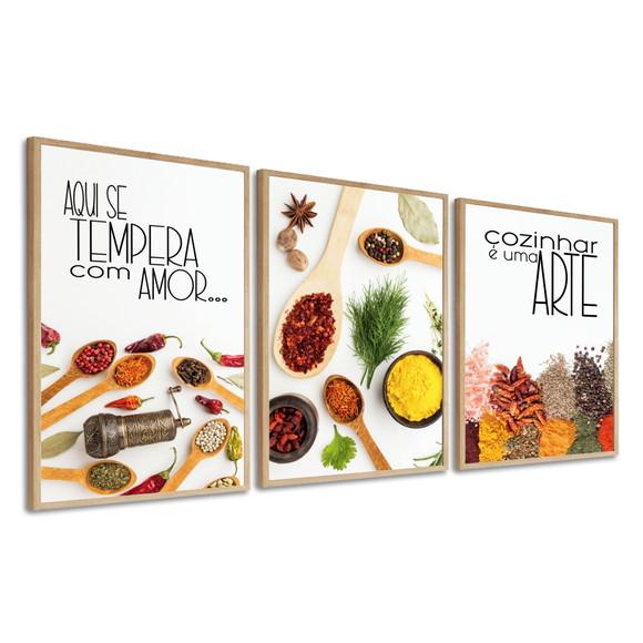 Kit 3 Quadros Decorativos Cozinha Tempero Frases Com Moldura
