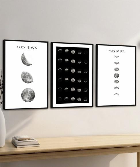 Kit 3 Quadros Decorativos de Lua Preto e Branco com Moldura