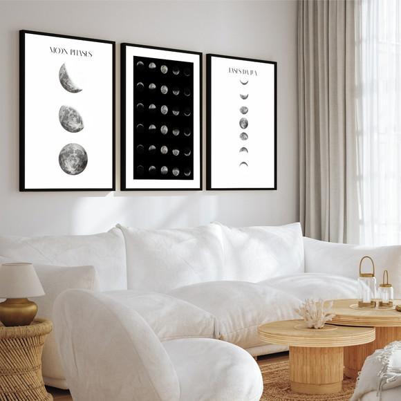 Kit 3 Quadros Decorativos de Lua Preto e Branco com Moldura