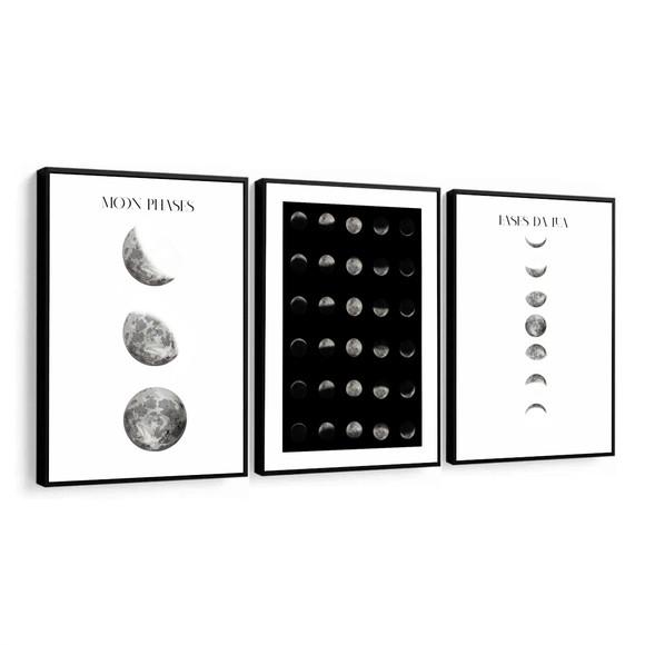 Kit 3 Quadros Decorativos de Lua Preto e Branco com Moldura