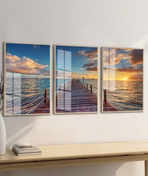 Kit 3 Quadros Decorativos Deck Mar Paisagem Moldura e Vidro