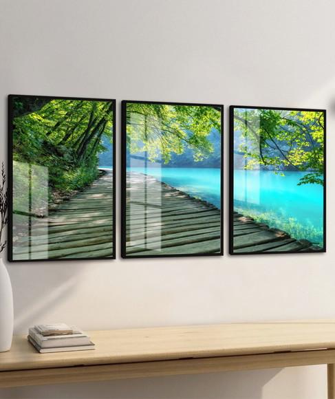 Kit 3 Quadros Decorativos Deck Paisagem com Moldura e Vidro