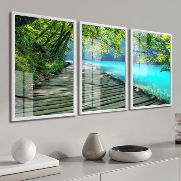 Kit 3 Quadros Decorativos Deck Paisagem Luxo Moldura e Vidro