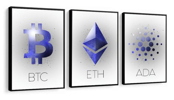 Kit 3 Quadros Decorativos Criptomoeda Escritório Com Moldura
