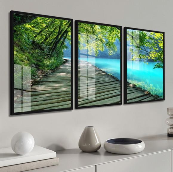 Kit 3 Quadros Decorativos Deck Paisagem com Moldura e Vidro