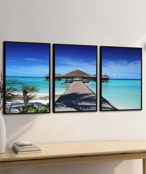 Kit 3 Quadros Decorativos Deck Paisagem Maldivas com Moldura