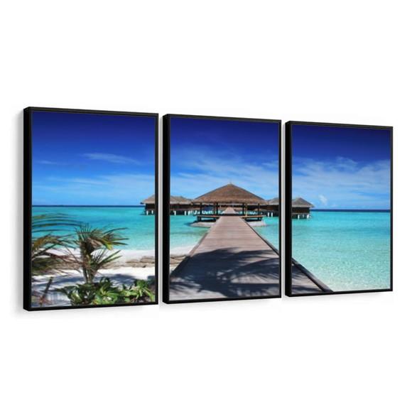 Kit 3 Quadros Decorativos Deck Paisagem Maldivas com Moldura