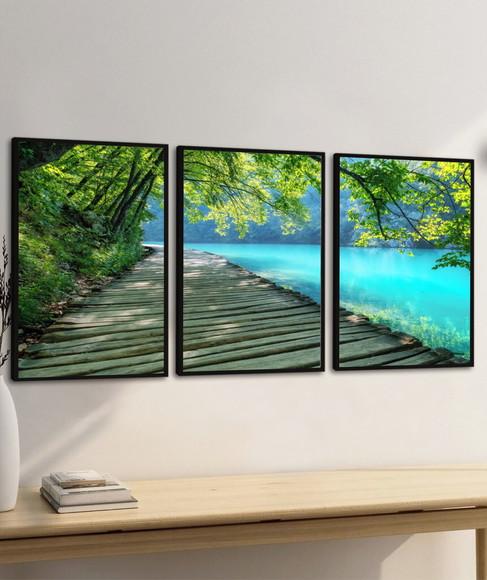 Kit 3 Quadros Decorativos Deck Paisagem para Sala Moldura