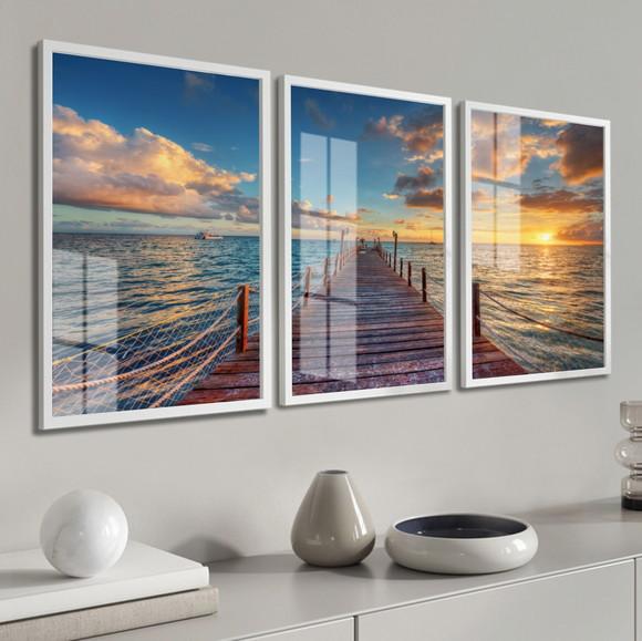 Kit 3 Quadros Decorativos Deck Paisagem Mar Moldura e Vidro