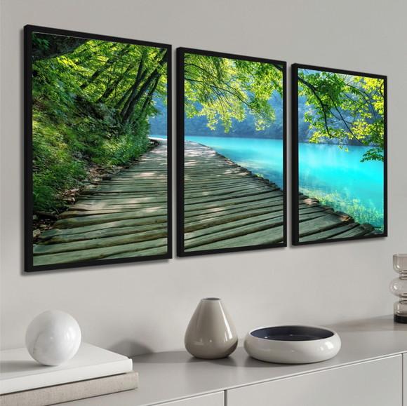Kit 3 Quadros Decorativos Deck Paisagem para Sala Moldura