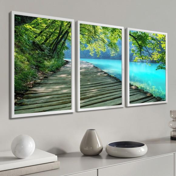 Kit 3 Quadros Decorativos Deck Paisagem Sala Quarto Moldura