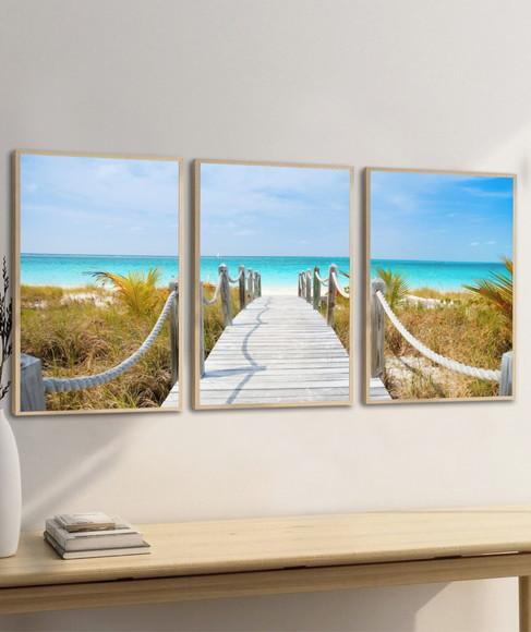Kit 3 Quadros Decorativos Deck Paisagem Praia Azul Moldura