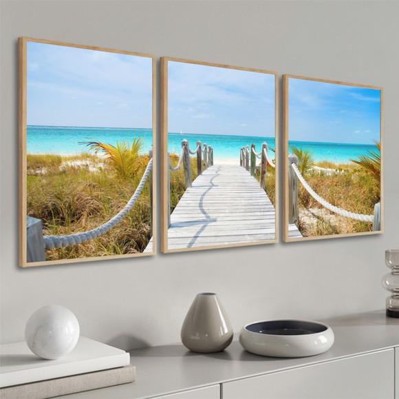 Kit 3 Quadros Decorativos Deck Paisagem Praia Azul Moldura