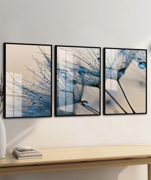 Kit 3 Quadros Decorativos Dente de Leão Azul Moldura e Vidro