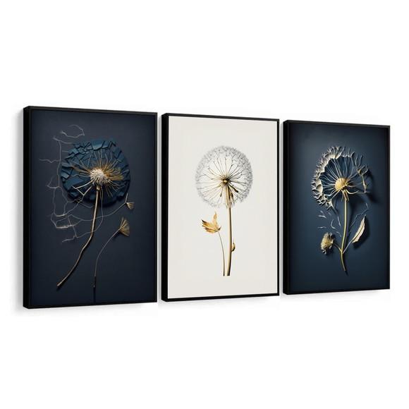 Kit 3 Quadros Decorativos Dente de Leão Azul Dourado Moldura