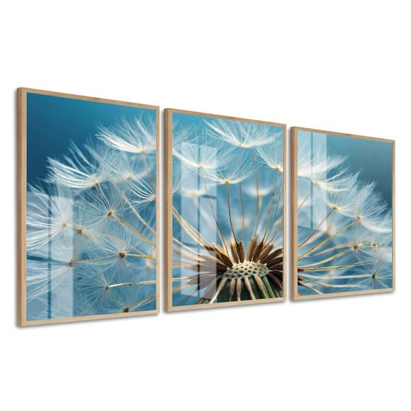 Kit 3 Quadros Decorativos Dente de Leão Flores Moldura Vidro