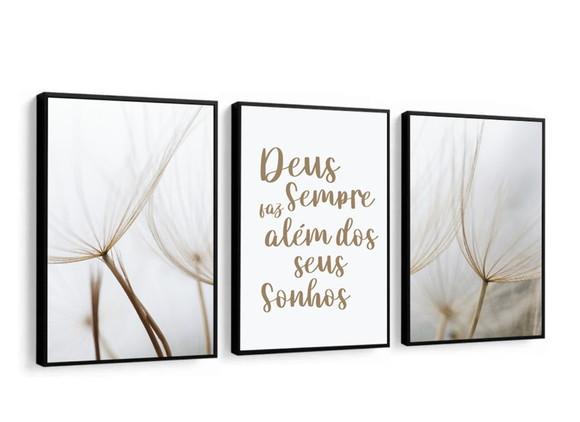 Kit 3 Quadros Decorativos Dente De Leão Frase Oração Moldura