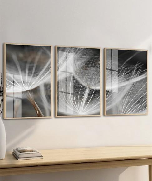 Kit 3 Quadros Decorativos Dente de Leão Preto Branco Vidro