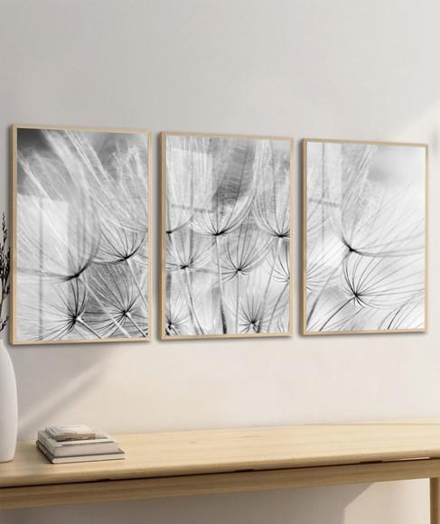 Kit 3 Quadros Decorativos Dente de Leão Preto e Branco Vidro