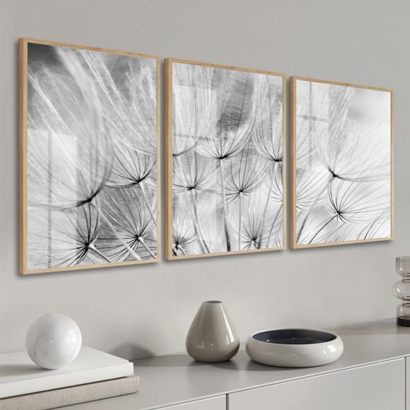 Kit 3 Quadros Decorativos Dente de Leão Preto e Branco Vidro