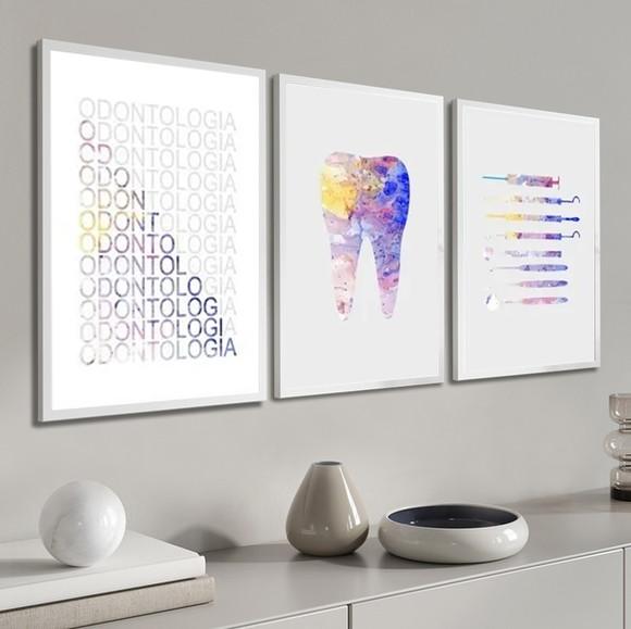Kit 3 Quadros Decorativos Dentista Consultório Sala Moldura