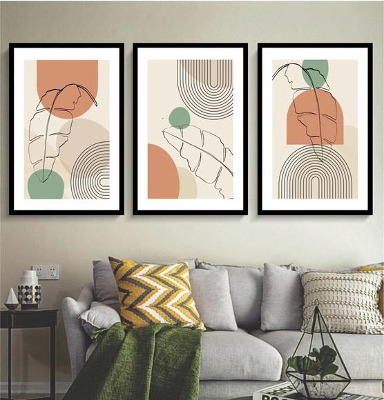 Kit 3 Quadros Decorativos Desenho Abstrato Folhagem Moldura