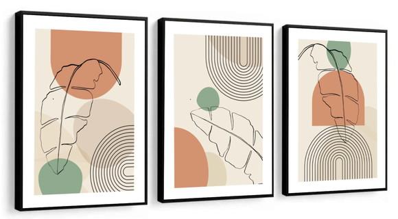 Kit 3 Quadros Decorativos Desenho Abstrato Folhagem Moldura