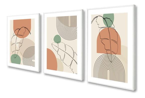 Kit 3 Quadros Decorativos Desenho Folhagem Abstrato Moldura