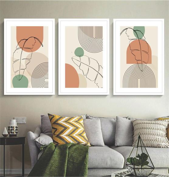 Kit 3 Quadros Decorativos Desenho Folhagem Abstrato Moldura